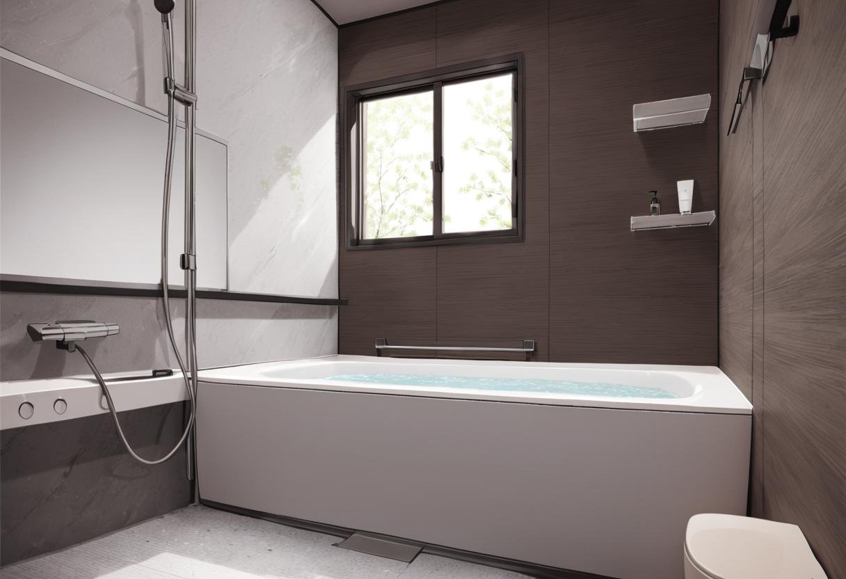 JMF2, scenery, window, faucet, bathtub, bathroom, indoors, tile wall, tilesmasterpiece, best quality,  highres, <lora:JMF2_SDXL_V1:1>