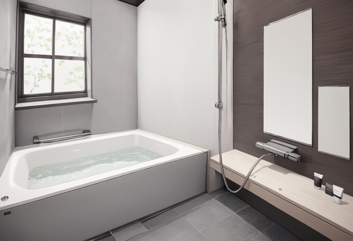 JMF2, scenery, window, faucet, bathtub, bathroom, indoors, tile wall, tilesmasterpiece, best quality,  highres, <lora:JMF2_SDXL_V1:1>