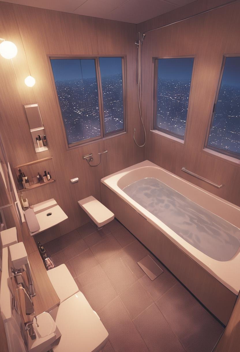 JMF, scenery, window, faucet, bathtub, bathroom, indoors, tile wall, tiles, night, night sky, lamp, shower \(place\), best quality,  highres, novel illustration,  <lora:JMF_SDXL_V3:1>