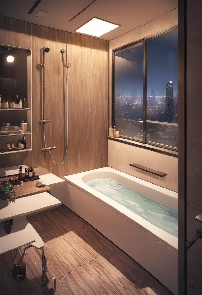 JMF, scenery, window, faucet, bathtub, bathroom, indoors, tile wall, tiles, night, night sky, lamp, shower \(place\), best quality,  highres, illustration,  <lora:JMF_SDXL_V3:0.8>