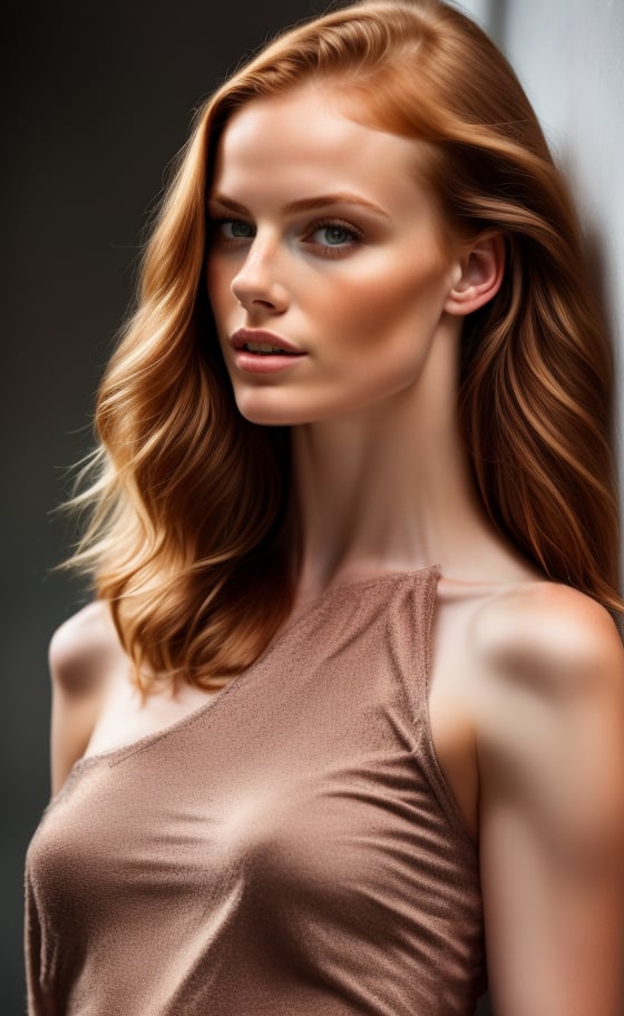 super realistic image, high quality uhd 8K, of 1 girl, detailed realistic, irish, ((slim body, high detailed)), (tall model), redhead, long ginger hair, high detailed realistic skin, ((face and shoulder portraitt)), standing,