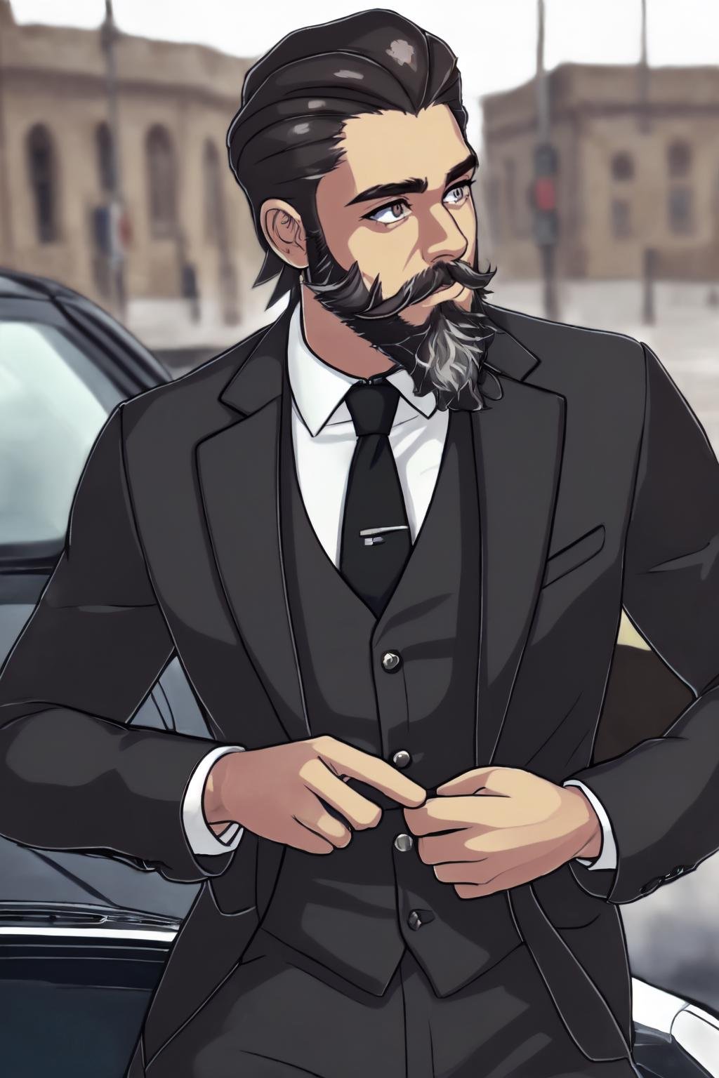 beautiful eyes, beautiful girl, high detail skin, high detail eyes, high detail hair, highres, ultra detailed, sharpen picture, Highly detailed, masterpiece, best quality, photorealistic,<lora:ThirdCrisisStyleLora:0.8>thirdcrisis, ((a man with a beard in a black suit posing on a car, on a street))