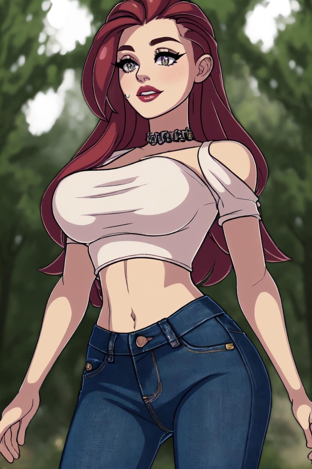 beautiful eyes, beautiful girl, high detail skin, high detail eyes, high detail hair, highres, ultra detailed, sharpen picture, Highly detailed, masterpiece, best quality, photorealistic,red long hair, makeup, lipstick, hair over shoulder,  crop top, jeans, <lora:ThirdCrisisStyleLora:0.8>thirdcrisis, in a park, trees, blue sky