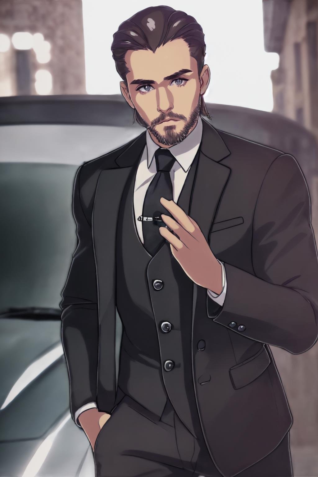 beautiful eyes, beautiful girl, high detail skin, high detail eyes, high detail hair, highres, ultra detailed, sharpen picture, Highly detailed, masterpiece, best quality, photorealistic,<lora:ThirdCrisisStyleLora:0.8>thirdcrisis, ((a man in a black suit posing on a car, on a street))