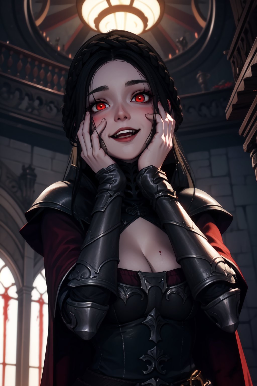 masterpiece, best quality, <lora:SeranaaaaV3.5:0.6>, 1girl, serana, red eyes, black hair, long hair, armor, cape, red sleeves, cleavage cutout, open mouth, smile, yandere trance, yandere, looking at viewer, shaded face, hands on own face, blood on face, hands on own cheeks, from below, <lora:yandere_trance:0.8>, indoors, castle, <lora:LowRA:0.5>