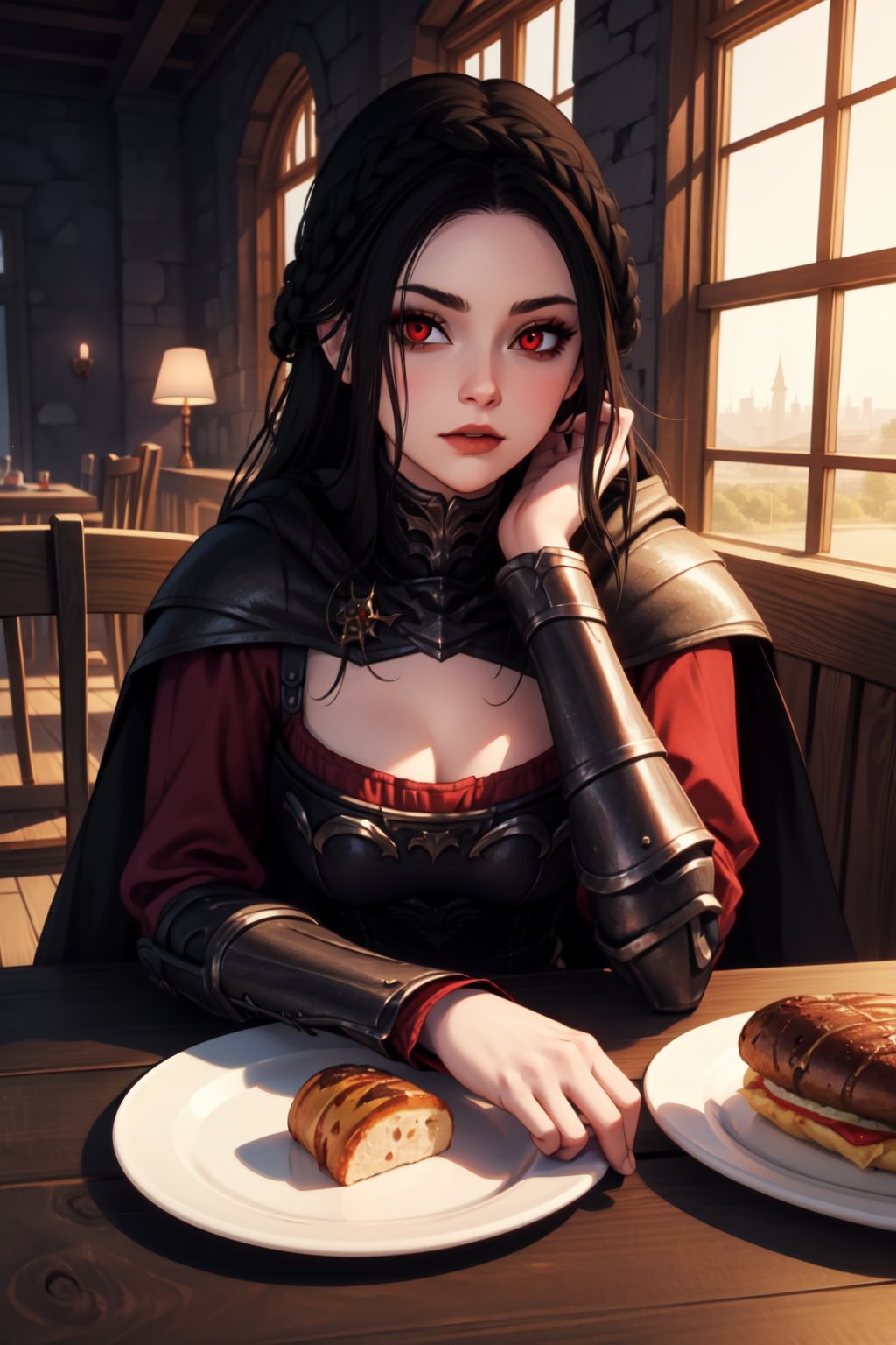 masterpiece, best quality, <lora:SeranaaaaV3.5:0.6>, 1girl, serana, chibi, black hair, red eyes, long hair, armor, cape, red sleeves, cleavage cutout, black pants, sitting, head rest, table, plate, food, indoors, castle