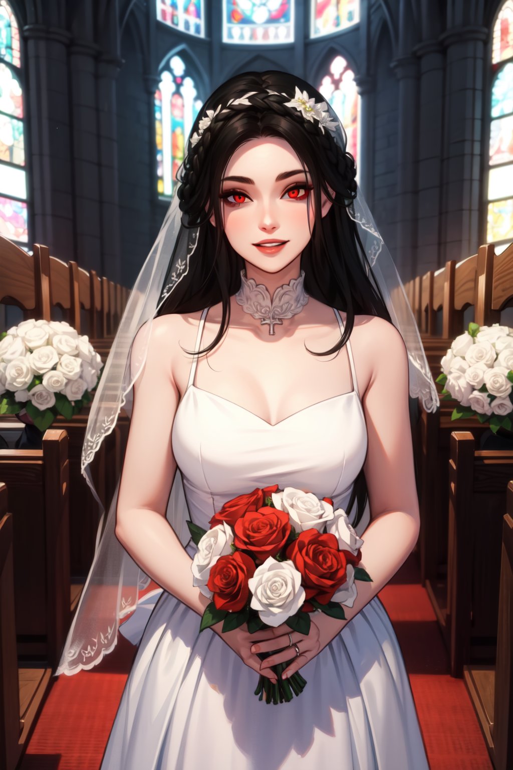 masterpiece, best quality, <lora:SeranaaaaV3.5:0.6>, 1girl, serana, red eyes, black hair, long hair, bridal veil, wedding dress, sleeveless, holding bouquet, church, smile, parted lips, looking at viewer