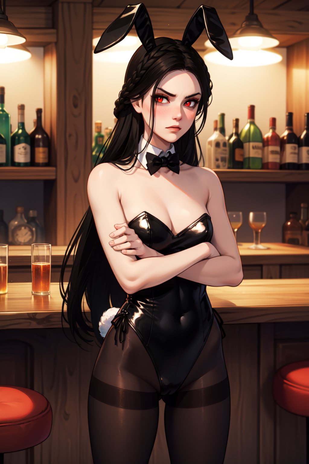 masterpiece, best quality, <lora:SeranaaaaV3.5:0.6>, 1girl, serana, red eyes, black hair, long hair, playboy bunny, rabbit ears, black pantyhose, leotard, embarrassed, blush, looking at viewer, glaring, crossed arms, cowboy shot, indoors, bar