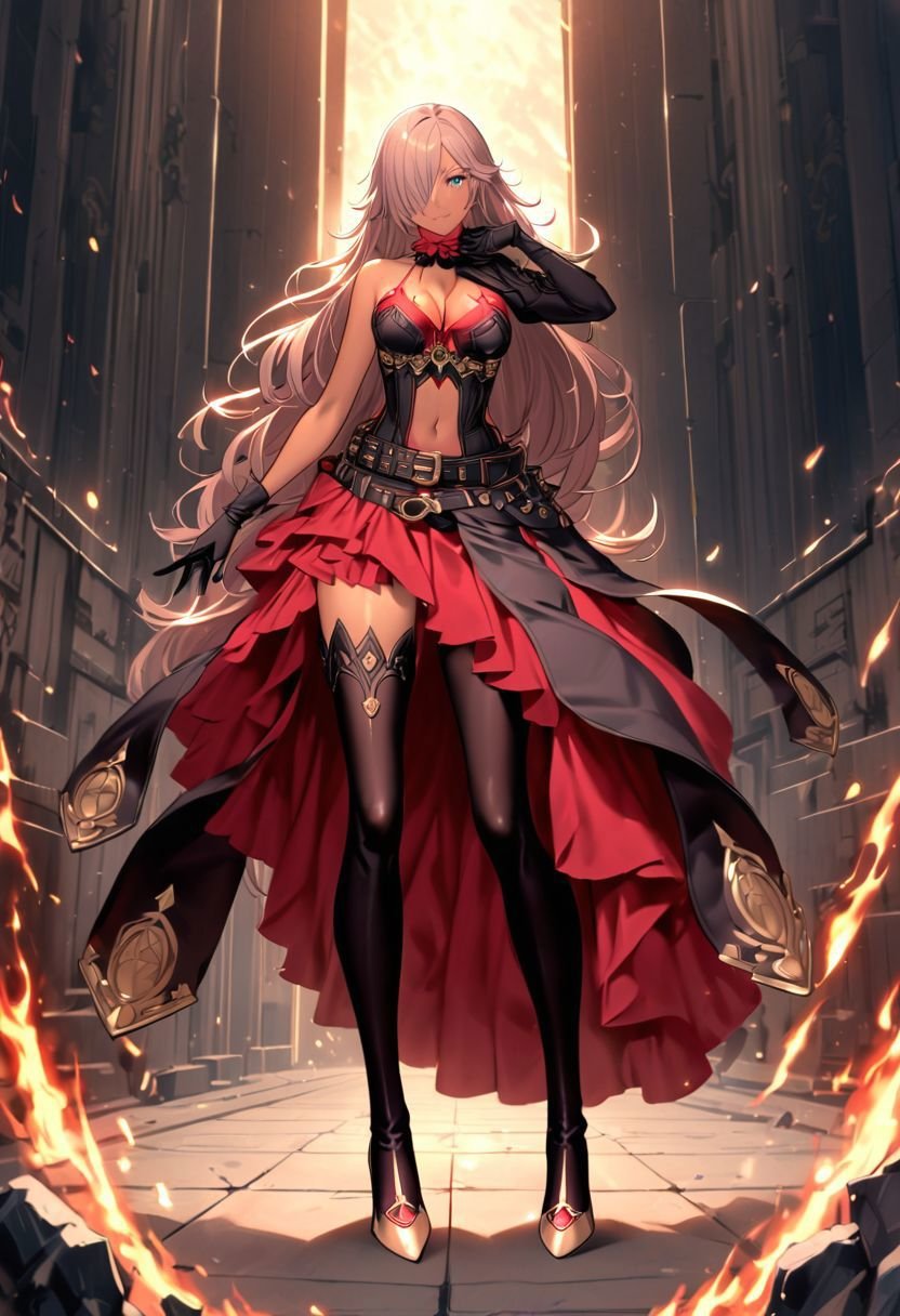 cinderella, dark skin, lela hair, hair over one eye ,blue eyes,dress,cleavage,one bare shoulder,thigh boots, belt, ammo in the belt,  belbow gloves, black thighhighs,high heels, belly button,looking at viewer, ((dancing)), at burning city, ((depth of field, dynamic angle)), ((upper body focus)), dynamic light, (masterpiece:1.2), best quality, high resolution, wallpaper, (illustration:0.8), (beautiful detailed eyes:1.3), extremely detailed face, perfect lighting, (perfect hands, perfect anatomy)