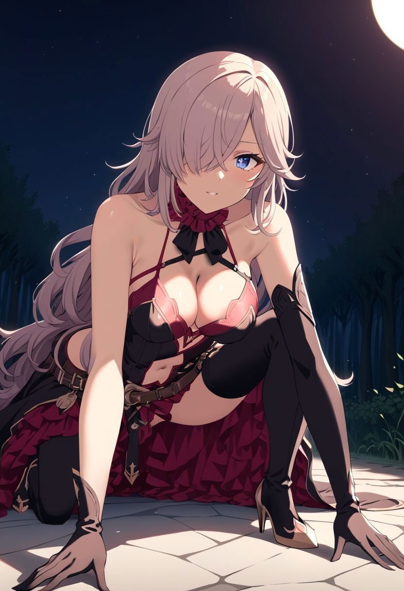 cinderella, dark skin, lela hair, hair over one eye ,blue eyes,dress,cleavage,bare shoulders,thigh boots, belt, belbow gloves, black thighhighs,high heels,((crawling on the ground)), at moonlightforest, ((upper body focus)), dynamic light, (masterpiece:1.2), best quality, high resolution, wallpaper, (illustration:0.8), (beautiful detailed eyes:1.3), extremely detailed face, perfect lighting, (perfect hands, perfect anatomy)