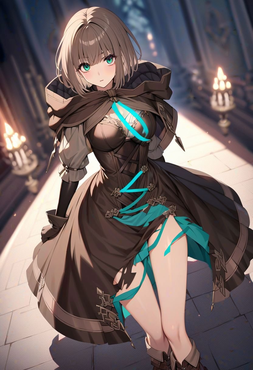 gretel , sinoalice, teal eyes, short hair, bob hair,brown dress, brown gloves, glowing teal dress ribbon, torn skirt, brown hood, brown boots, grey underwear, looking at viewer,((dynamic pose)), at candlelight cathedral, full body, depth of field, dynamic angle, dynamic light,(masterpiece:1.2), best quality, high resolution, wallpaper, (illustration:0.8), (beautiful detailed eyes:1.6), extremely detailed face, perfect lighting, extremely detailed CG, (perfect hands, perfect anatomy)