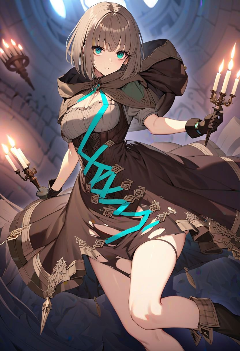 gretel , sinoalice, teal eyes, short hair, bob hair,brown dress, brown gloves, glowing teal dress ribbon, torn skirt, brown hood, brown boots, grey underwear, looking at viewer,((dynamic pose)), at candlelight cathedral, full body, depth of field, dynamic angle, dynamic light,(masterpiece:1.2), best quality, high resolution, wallpaper, (illustration:0.8), (beautiful detailed eyes:1.6), extremely detailed face, perfect lighting, extremely detailed CG, (perfect hands, perfect anatomy)