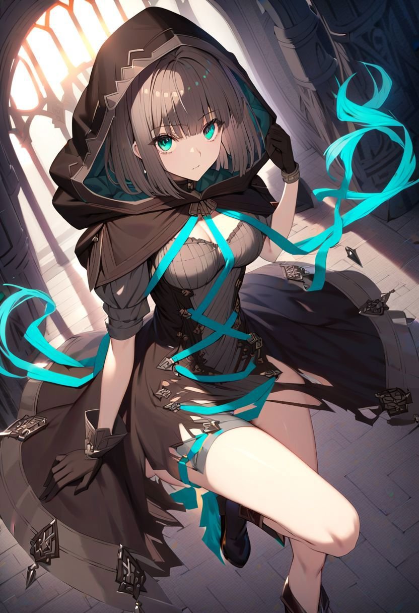 gretel , sinoalice, teal eyes, short hair, bob hair,brown dress, brown gloves, glowing teal dress ribbon, torn skirt, brown hood, brown boots, grey underwear, looking at viewer,((dynamic pose)), at candlelight cathedral, full body, depth of field, dynamic angle, dynamic light,(masterpiece:1.2), best quality, high resolution, wallpaper, (illustration:0.8), (beautiful detailed eyes:1.6), extremely detailed face, perfect lighting, extremely detailed CG, (perfect hands, perfect anatomy)