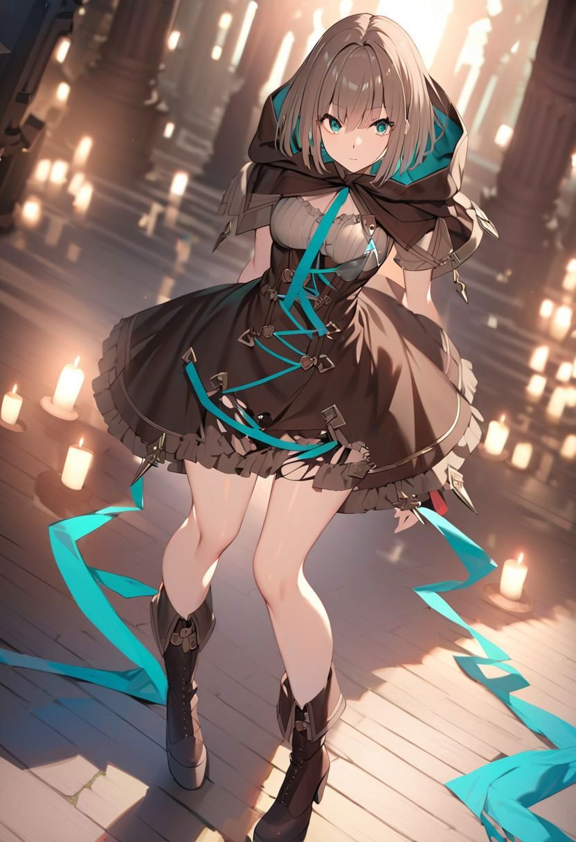 gretel , sinoalice, teal eyes, short hair, bob hair, brown dress, glowing teal ribbon, torn skirt, brownt hood, brown boots, looking at viewer,((dynamic pose)), at candlelight cathedral, full body, depth of field, dynamic angle, dynamic light,best quality ,masterpiece, high resolution, detailed