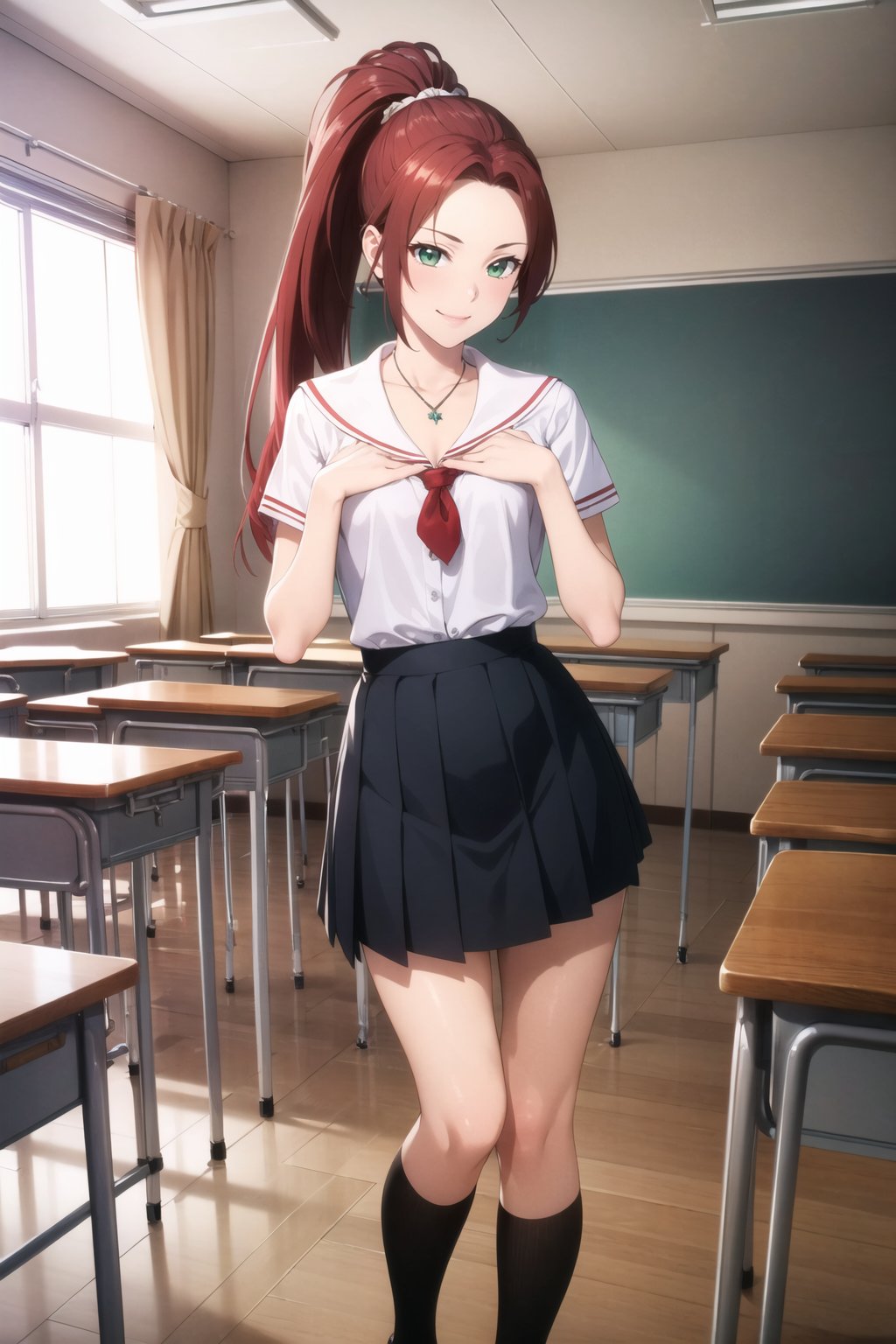 masterpiece, high quality, jess, solo, 1girl, flat chest, realistic, green eyes, emo, long hair,straight hair, ponytail, very long pompadour, (Hands:1.1) ,better_hands, dark red hair, necklace, whole body, slim, sexy face, smile, tall, long legs,full body, school_girl, school_uniform, classroom