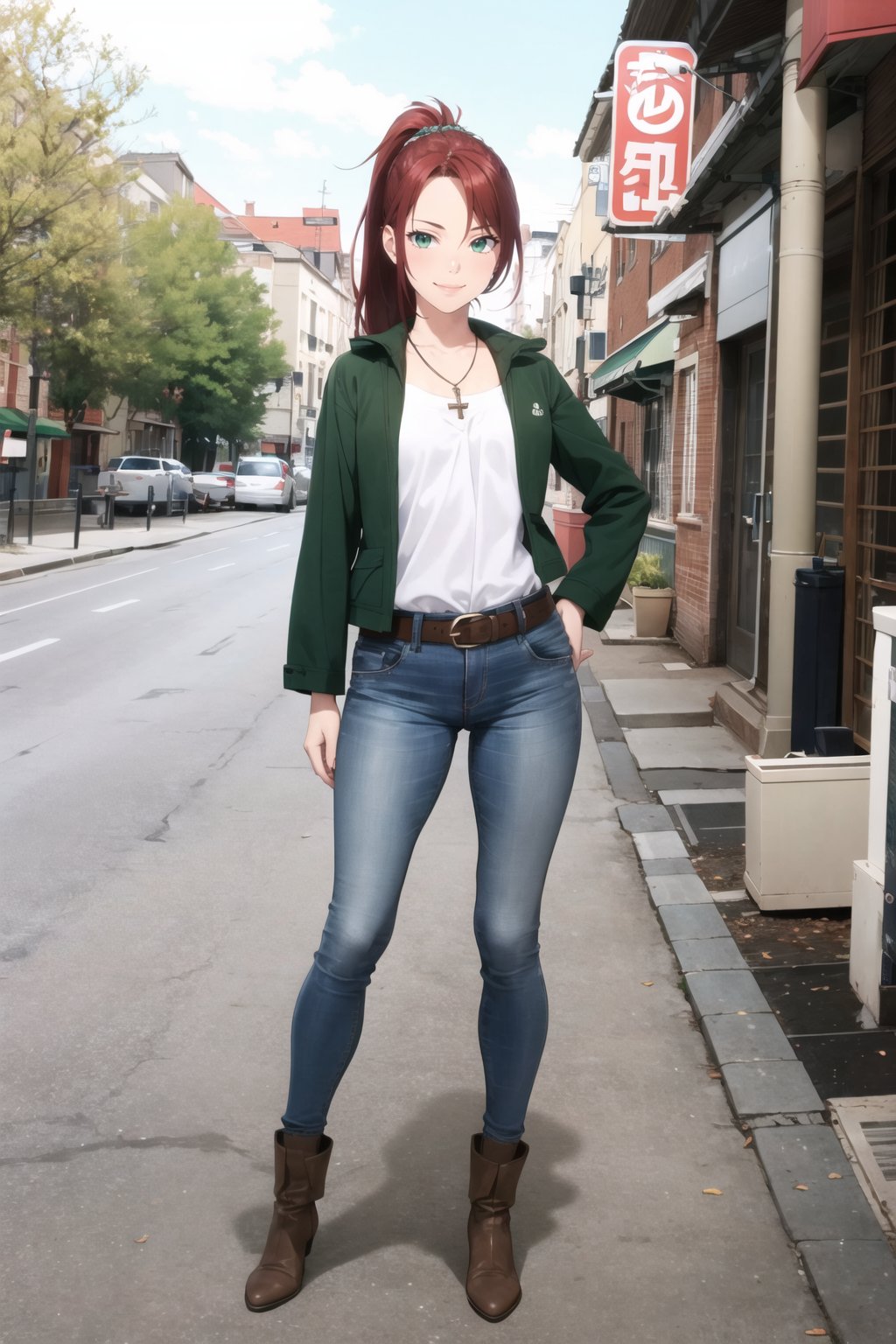 masterpiece, high quality, jess, solo, 1girl, flat chest, realistic, green eyes, emo, long hair,straight hair, ponytail, very long pompadour, (Hands:1.1) ,better_hands, dark red hair, necklace, whole body, slim, sexy face, smile, tall, long legs,full body, green jacket, blue_jeans, shirt white, brown boots, street, city, trees, sunny, belt