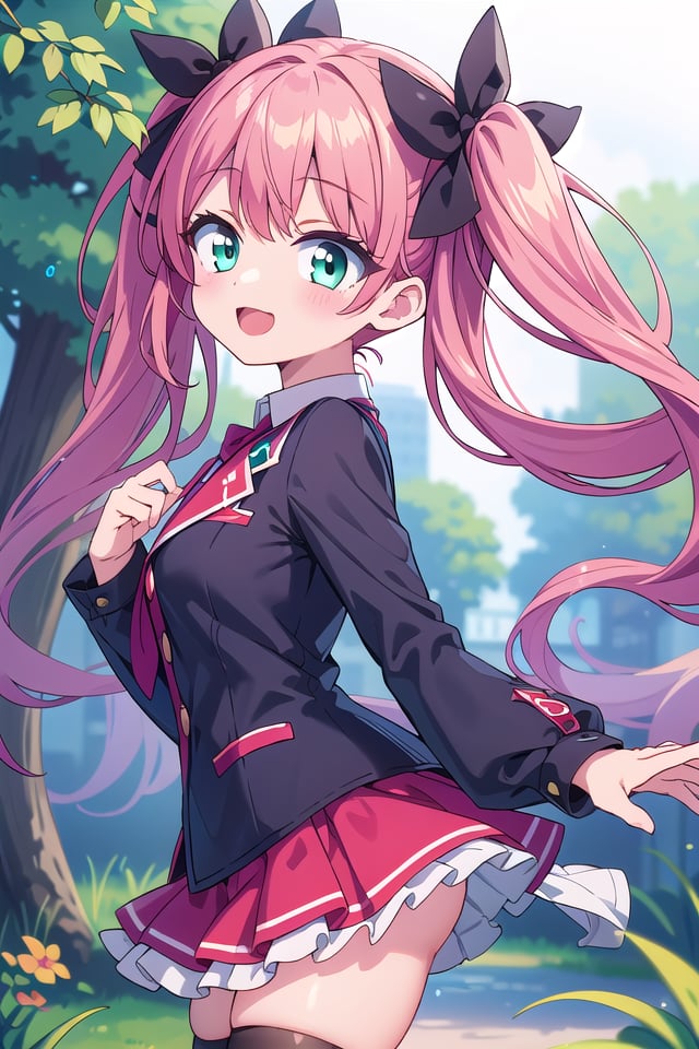 insanely detailed, absurdres, ultra-highres, ultra-detailed, best quality,1girl, solo, nice hands, perfect handsBREAKjirai kei,thighhighs, skirt, twintails, pink skirt, collar, bow, black thighhighs, black bow, long hair, pink bow, hair bow, spiked collar, (cleavage:-1.5)BREAKhappy smile, laugh, open mouthBREAKfrom side,standing, cowboy shot, looking at viewerBREAKslender, kawaii, perfect symmetrical face, ultra cute girl, ultra cute face, ultra detailed eyes, ultra detailed hair, ultra cute, ultra beautifulBREAKin forest, depth of field, ultra detailed backgroundBREAKlarge breastsBREAK(red hair, green eyes), medium hair, hime cut