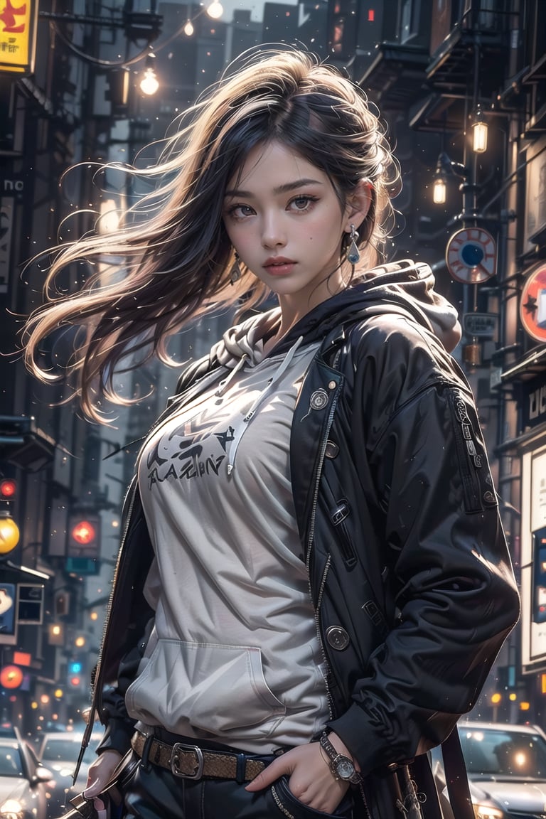 Master work, best picture quality, higher quality, ultra-high resolution, 8k resolution, exquisite facial features, perfect face, girl, assassin, fashion ((upper body clothing, hoodie inside, suit jacket outside)) sneakers, Black mask, cross earrings, carrying a delicate and beautiful samurai sword, night, city, movie style