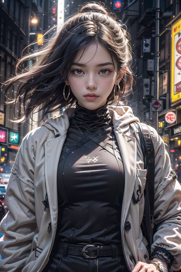 Master work, best picture quality, higher quality, ultra-high resolution, 8k resolution, exquisite facial features, perfect face, girl, assassin, fashion ((upper body clothing, hoodie inside, suit jacket outside)) sneakers, Black mask, cross earrings, carrying a delicate and beautiful samurai sword, night, city, movie style<lora:EMS-326365-EMS:0.800000>, <lora:EMS-230139-EMS:0.800000>, <lora:EMS-274581-EMS:0.400000>