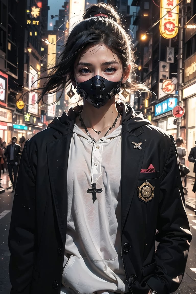 Master work, best picture quality, higher quality, ultra-high resolution, 8k resolution, exquisite facial features, perfect face, girl, assassin, fashion ((upper body clothing, hoodie inside, suit jacket outside)) sneakers, Black mask, cross earrings, carrying a delicate and beautiful samurai sword, night, city, movie style<lora:EMS-230139-EMS:0.800000>, <lora:EMS-326365-EMS:0.800000>