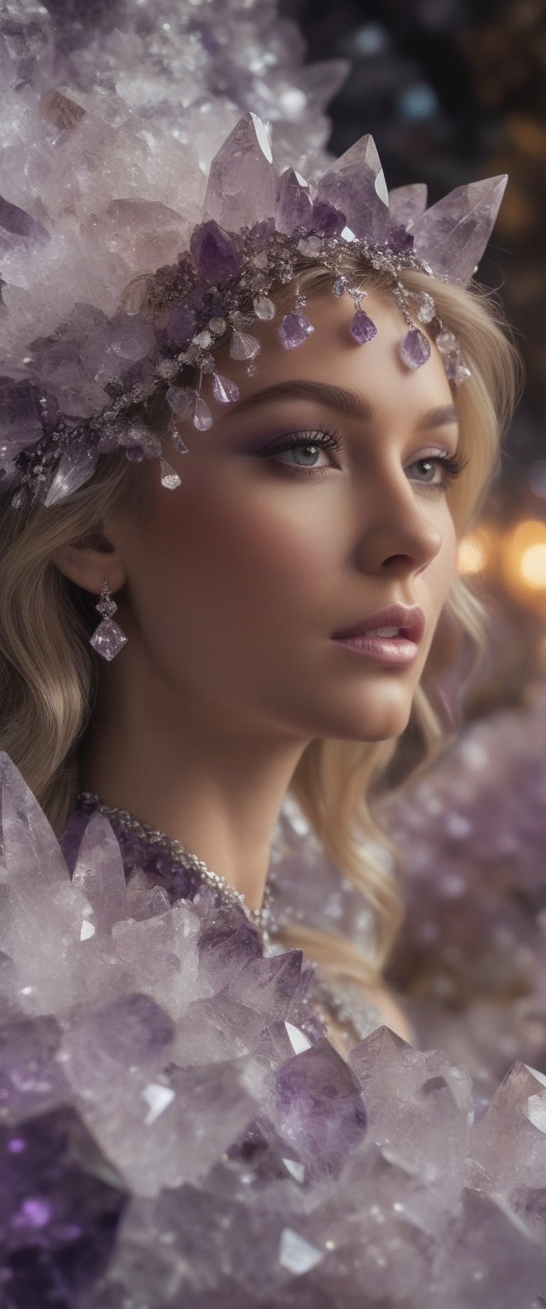 A closeup of an enchanting scene featuring a crystalized woman adorned in delicate amethyst and quartz crystals, radiating beauty amidst the shimmering gemstones, with a focus on her face,Amethyst 