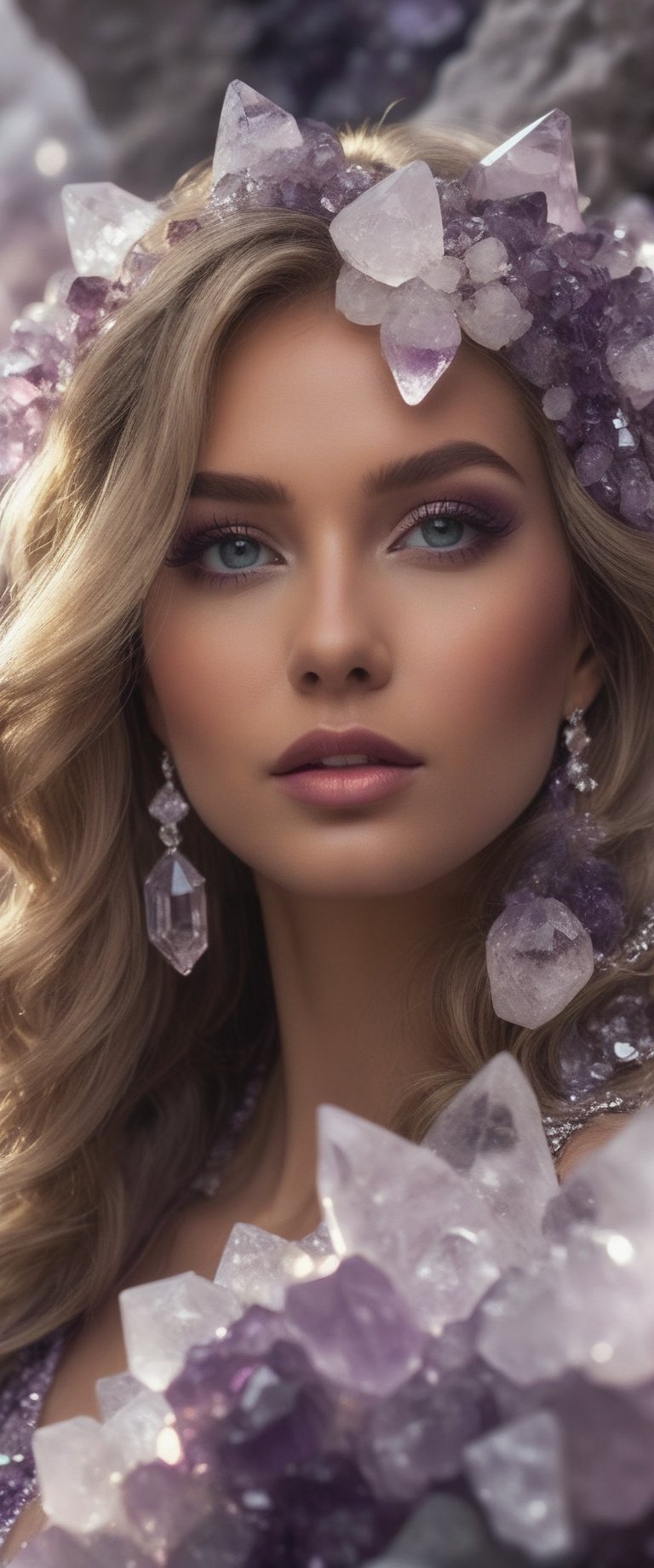 A closeup of an enchanting scene featuring a crystalized woman adorned in delicate amethyst and quartz crystals, radiating beauty amidst the shimmering gemstones, with a focus on her face,Amethyst 