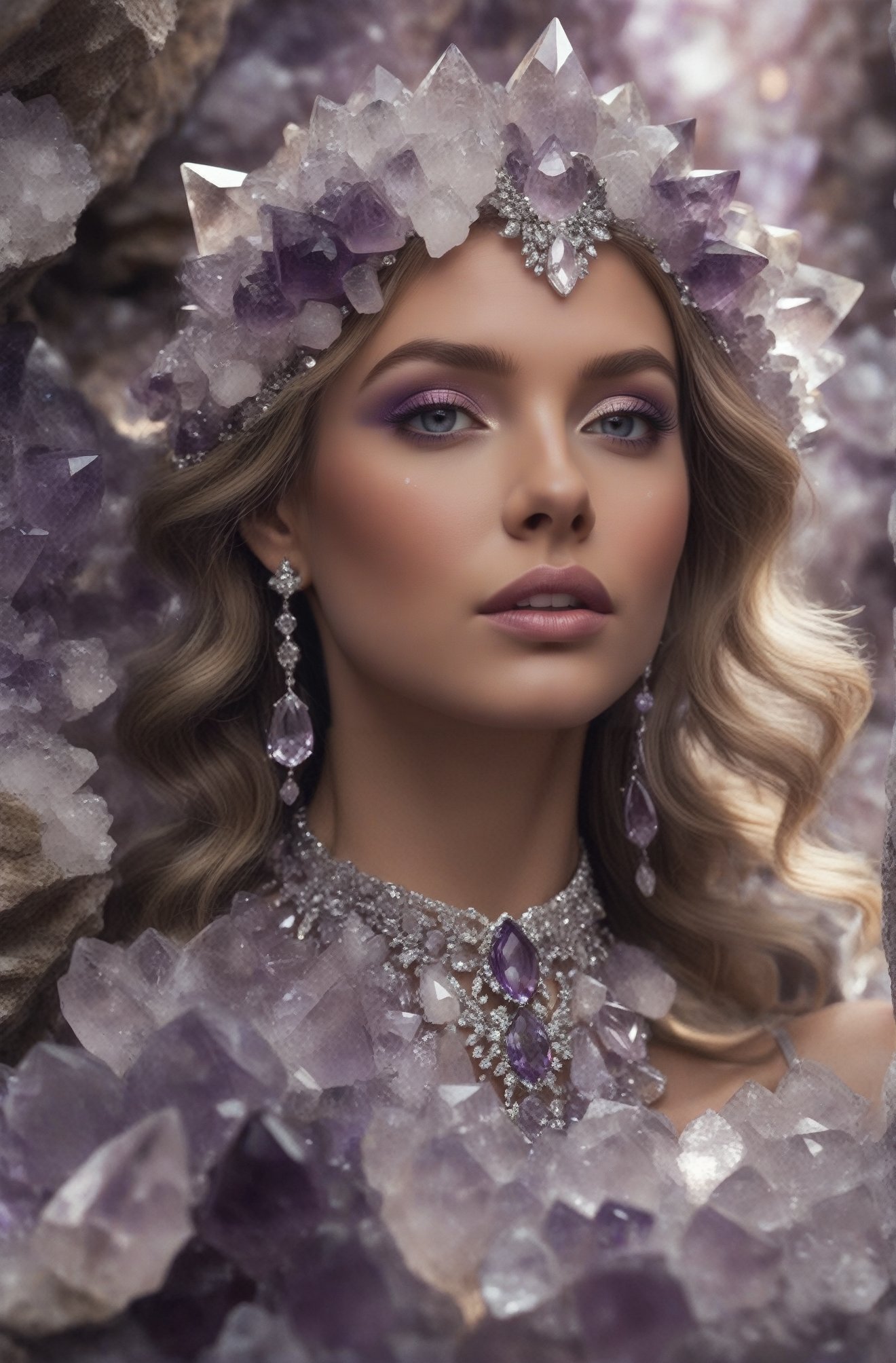 A closeup of an enchanting scene featuring a crystalized woman adorned in delicate amethyst and quartz crystals, radiating beauty amidst the shimmering gemstones, with a focus on her face,Amethyst 