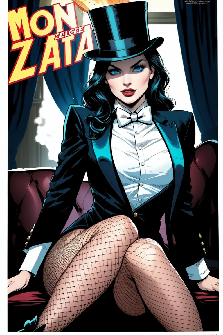 Zatanna DC comic character, Beautiful Italian woman, long black hair, bright cyan colored eyes, shapely body, top hat, black tuxedo jacket, white top underneath, white bow-tie, black fishnet tights, black knee-high high-heeled boots,Zattana