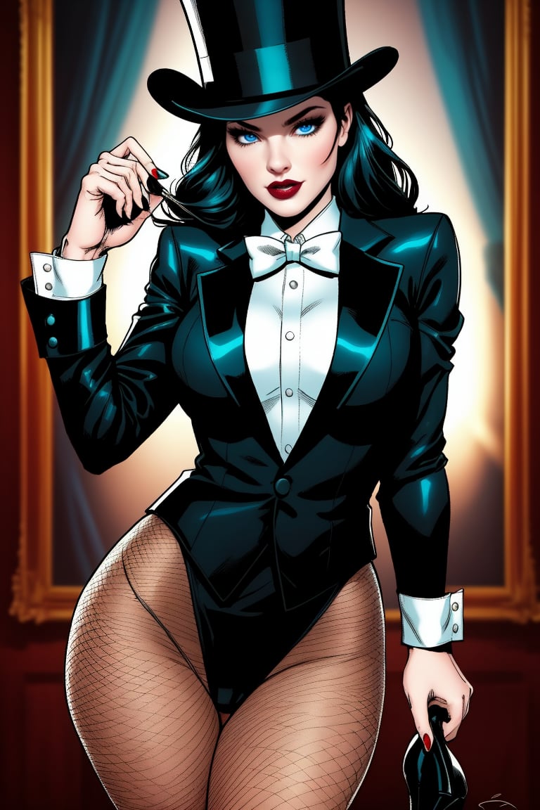 Zatanna DC comic character, Beautiful Italian woman, long black hair, bright cyan colored eyes, shapely body, top hat, black tuxedo jacket, white top underneath, white bow-tie, black fishnet tights, black knee-high high-heeled boots,Zattana