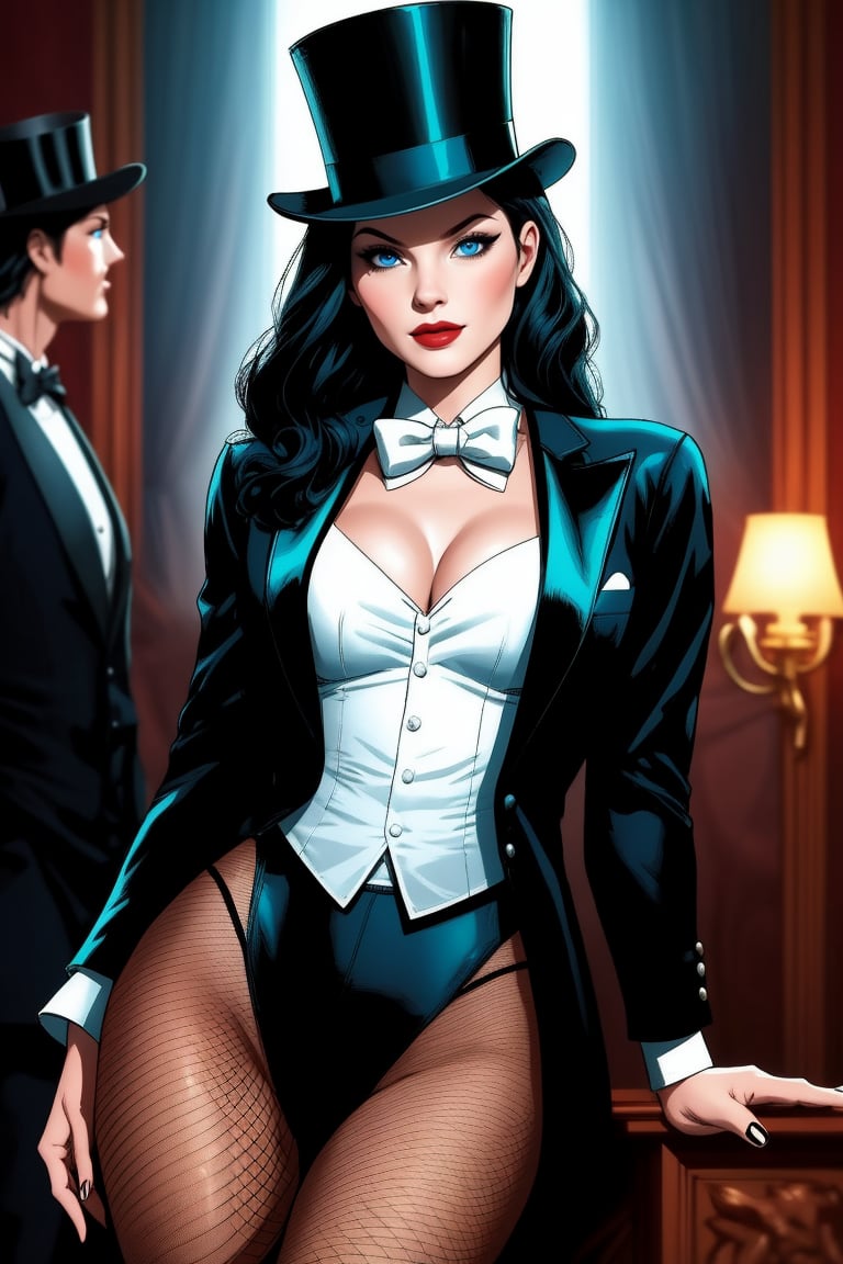 Zatanna DC comic character, Beautiful Italian woman, long black hair, bright cyan colored eyes, shapely body, top hat, black tuxedo jacket, white top underneath, white bow-tie, black fishnet tights, black knee-high high-heeled boots,Zattana