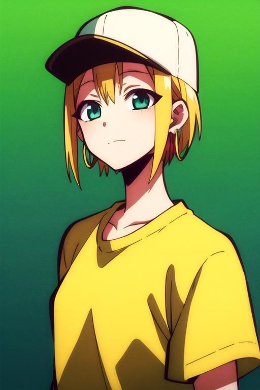 masterpiece, best quality, , 1girl, aqua eyes, baseball cap, blonde hair, closed mouth, earrings, green background, hat, hoop earrings, jewelry, looking at viewer, shirt, short hair, simple background, solo, upper body, yellow shirt, solo, looking at viewer, upper body, , anime coloring, , science fiction cyberpunk, 4k resolution, <lora:hanako-kun_style:0.92>, hanako-kun_style