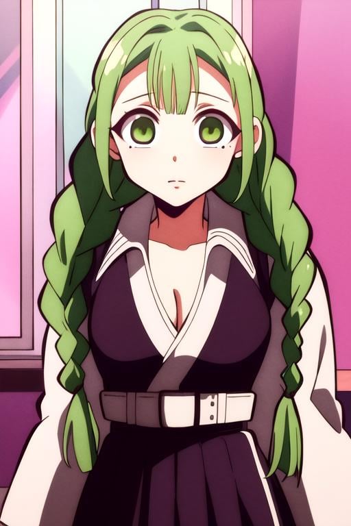 masterpiece, best quality, movie still, 1girl, <lora:mitsurikanroji-lora-nochekaiser:0.70>, mitsuri kanroji, braid, gradient hair, (green eyes:1.5), green hair, long hair, mole, mole under eye, multicolored hair, pink hair, twin braids, two-tone hair, belt, black skirt, cleavage, coat, demon slayer uniform, haori, japanese clothes, long sleeves, miniskirt, partially unbuttoned, pleated skirt, skirt, uniform, solo, looking at viewer, upper body, depth of field, ligne claire, realistic, Holodeck, , <lora:hanako-kun_style:1>, hanako-kun_style