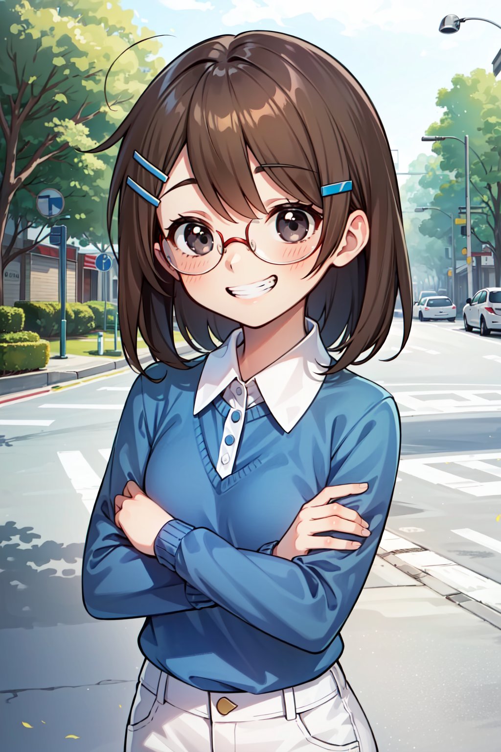 (1girl, solo. (Jackie_wackerman,14yo), medium hair, brown hair, hair ornament, hairclip, black eyes, glasses, grin, (collared shirt,white shirt, long sleeves),(blue sweater, short sleeves, white sleeves,crossing arms), red pants)