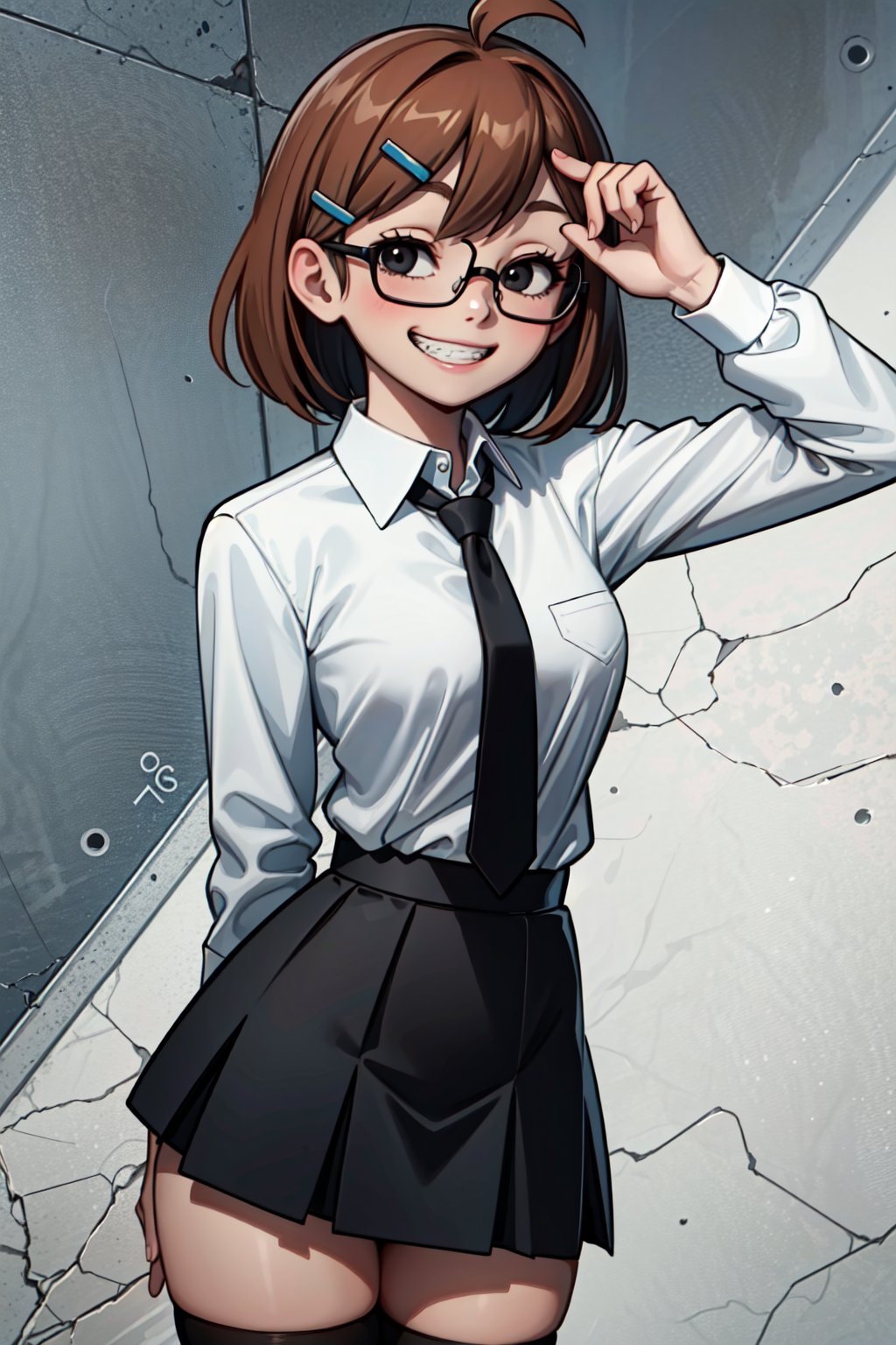 (1girl, solo. (Jackie_wackerman,16yo), medium hair, hairclip, cinnamon hair, black eyes, glasses, grin, brackets, (school uniform,collared shirt, white shirt, black necktie,black skirt, black thighhighs), 