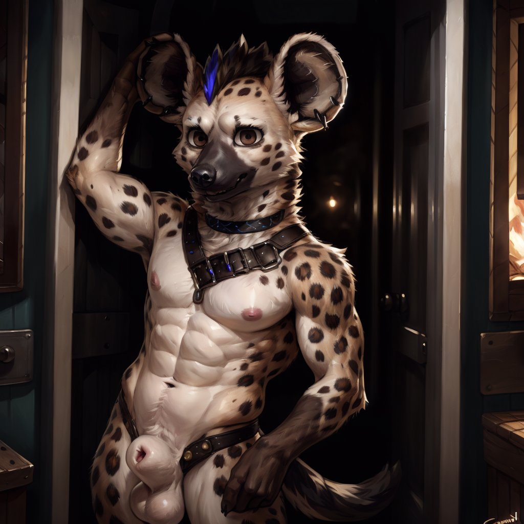 high_resolution, best quality, eyes, perfect eyes, masterpiece, full body, highres, best quality, hd, 4k, 8k, eyes, perfect eyes, animated eyes, beautiful eyes, (((( male, male focus )))), ((((, spot_arknights, spotted hyena, grey body, brown eyes, solo, 1 boy:1.5 )))), ((  young, muscle, abs, nipples, sheath, balls, naked )) , (( standing, pose:1.2 )), ((by cyancapsule, by Snofu, by personalami))