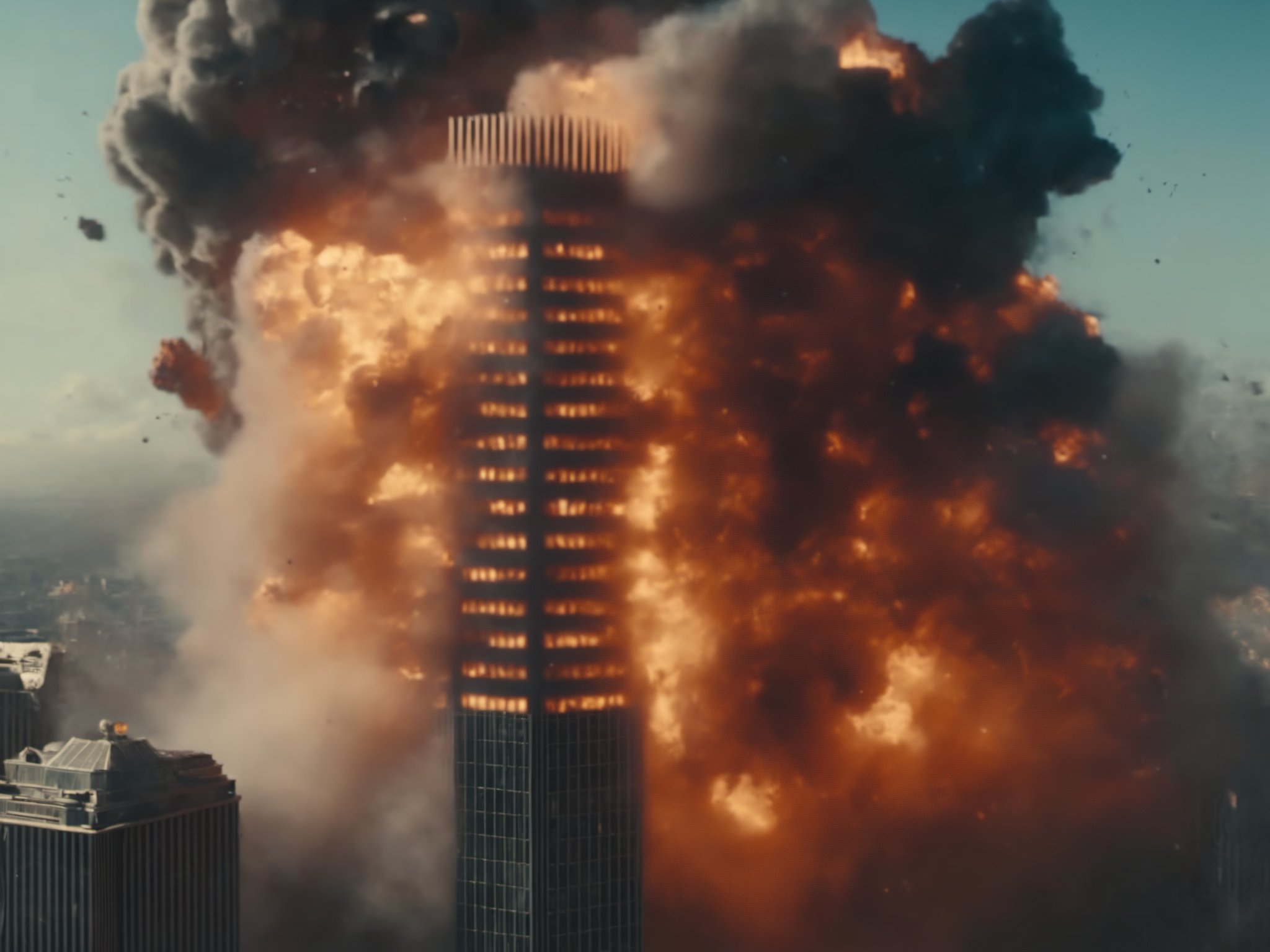 (m0vieexpl0sion), cinematic still of a skyscraper, (small explosion in the middle of the building:0.7), far view, city, sky, cloud, best picture, best quality, UHD, oscar winner, directed by Christopher Nolan, shot on Canon camera, cinematic lighting