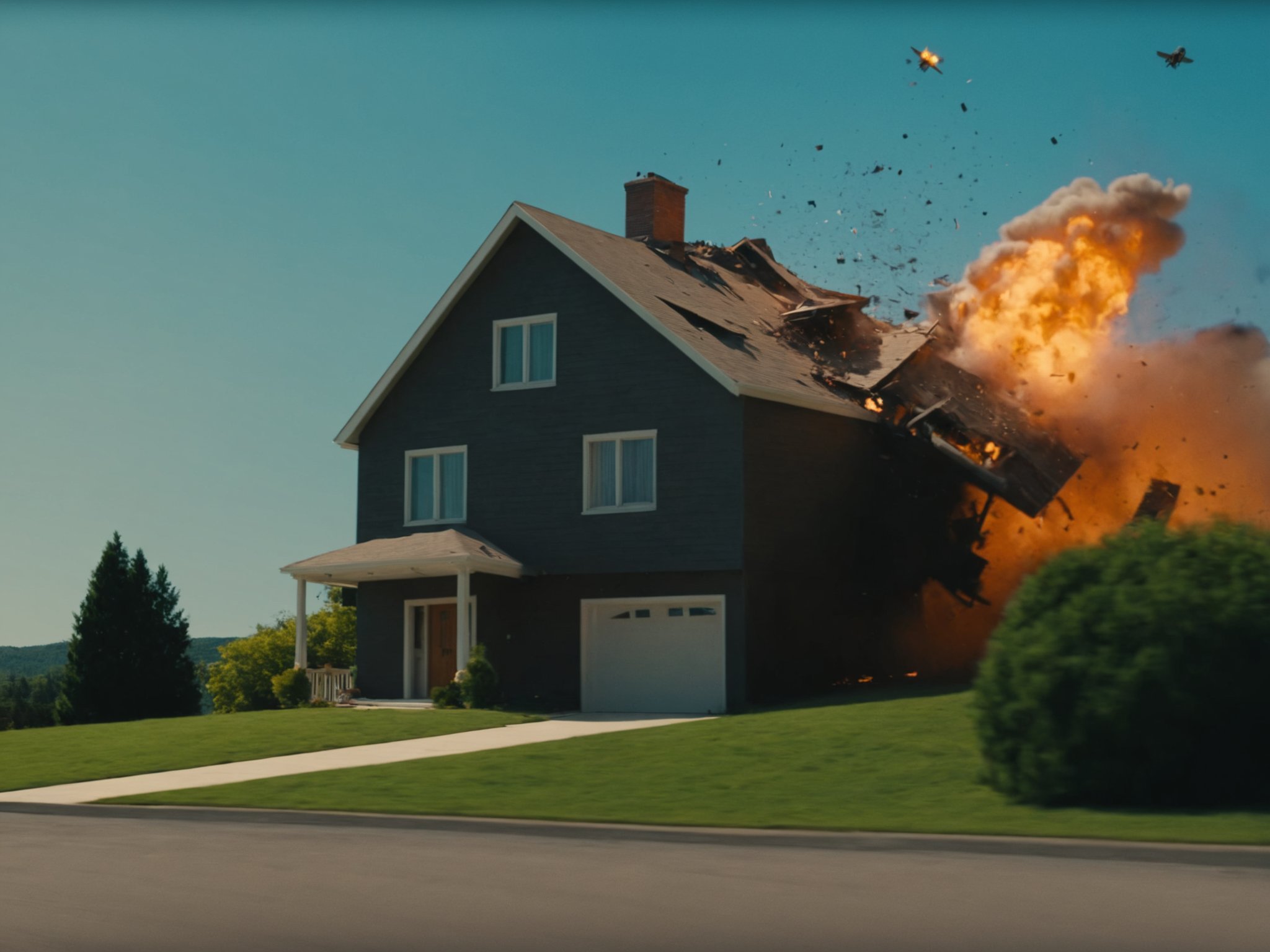 (m0vieexpl0sion), film still of a house, far view, (small explosion:0.7), trees, driveway, sky, flying debris, best picture, best quality, UHD, oscar winner