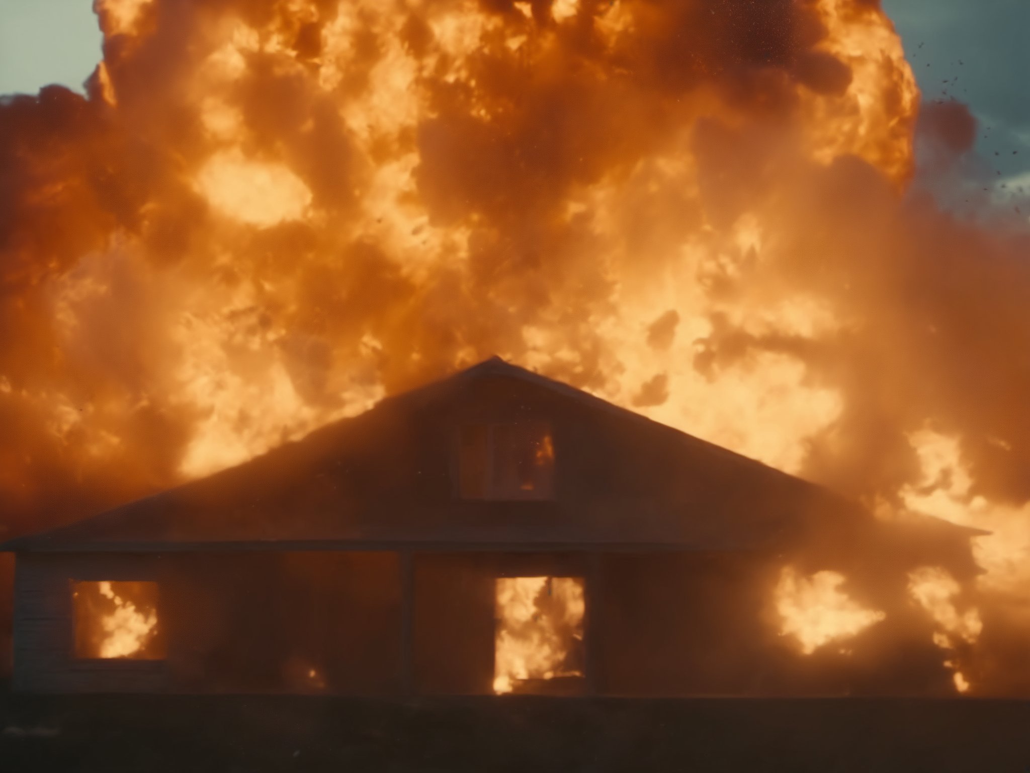 (m0vieexpl0sion), cinematic still of a house, (small explosion:0.7), far view, sky, cloud, best picture, best quality, UHD, oscar winner, directed by Christopher Nolan, shot on Canon camera, cinematic lighting