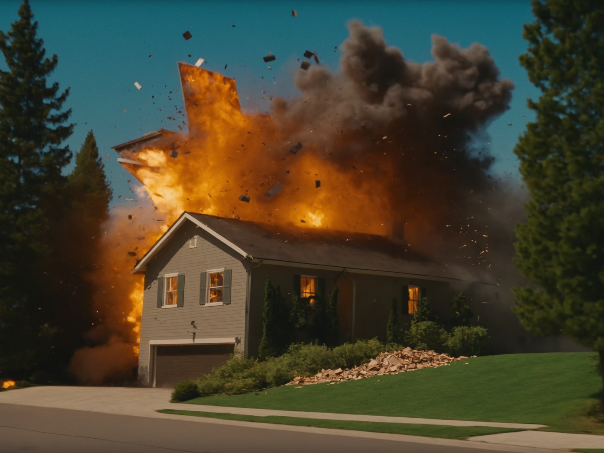 (m0vieexpl0sion), film still of a house, far view, (small explosion:0.7), trees, driveway, sky, flying debris, best picture, best quality, UHD, oscar winner