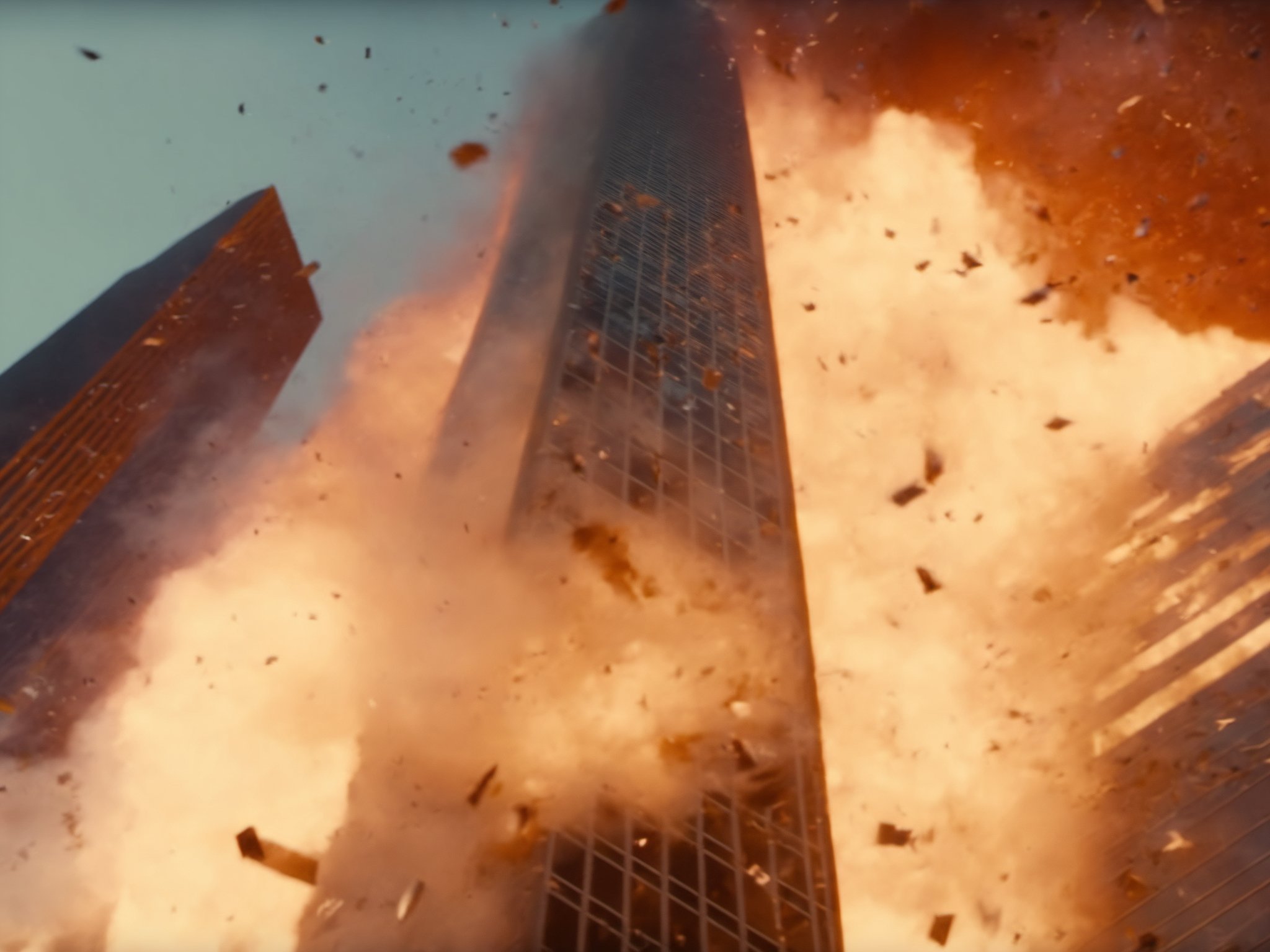 (m0vieexpl0sipn), film still of a skyscraper, down up view, down up angle, (explosion:0.7), flying debris, best picture, best quality, UHD, oscar winner