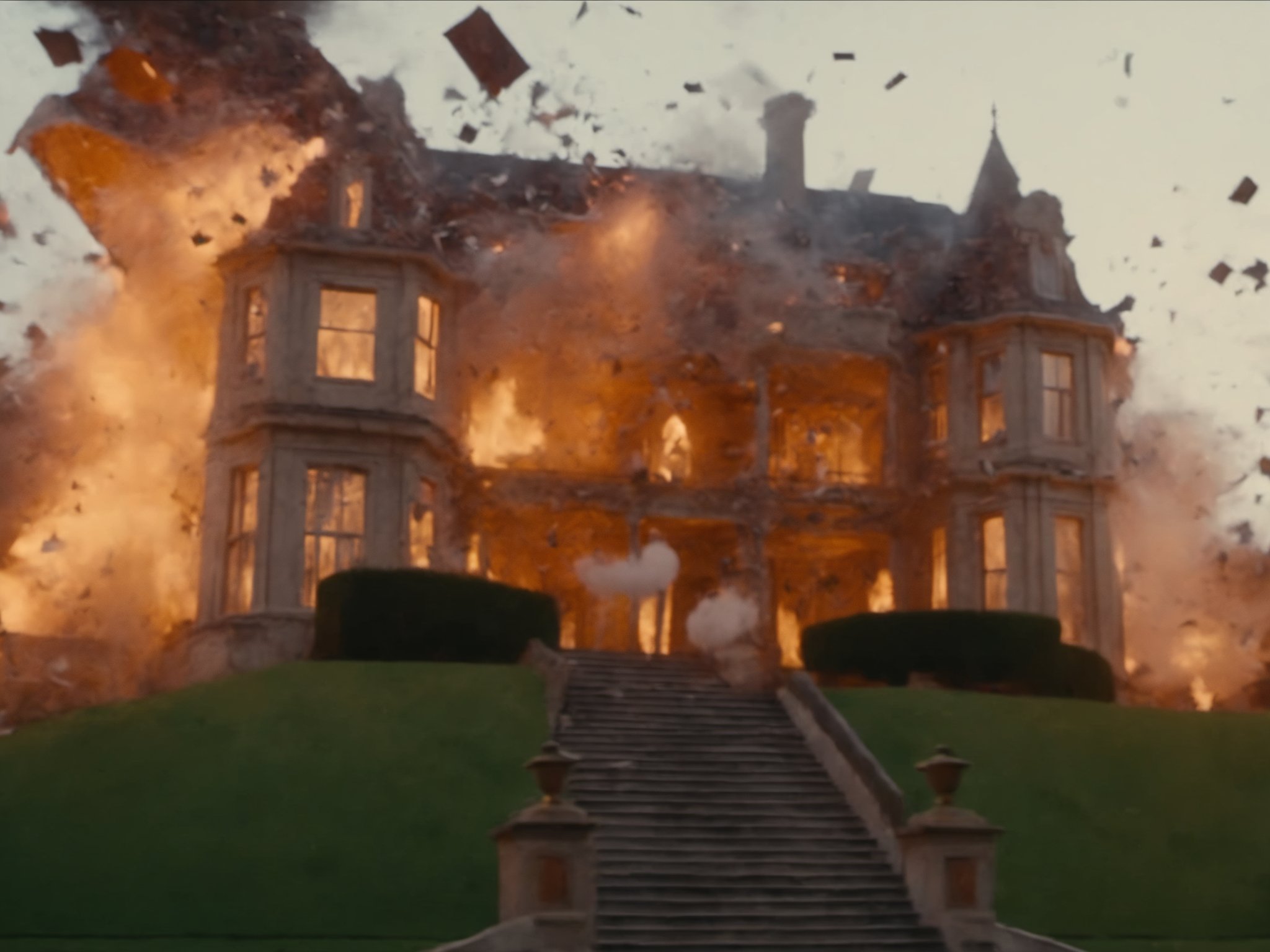 (m0vieexpl0sipn), film still of a mansion, down up view, down up angle, (explosion:0.7), flying debris, best picture, best quality, UHD, oscar winner