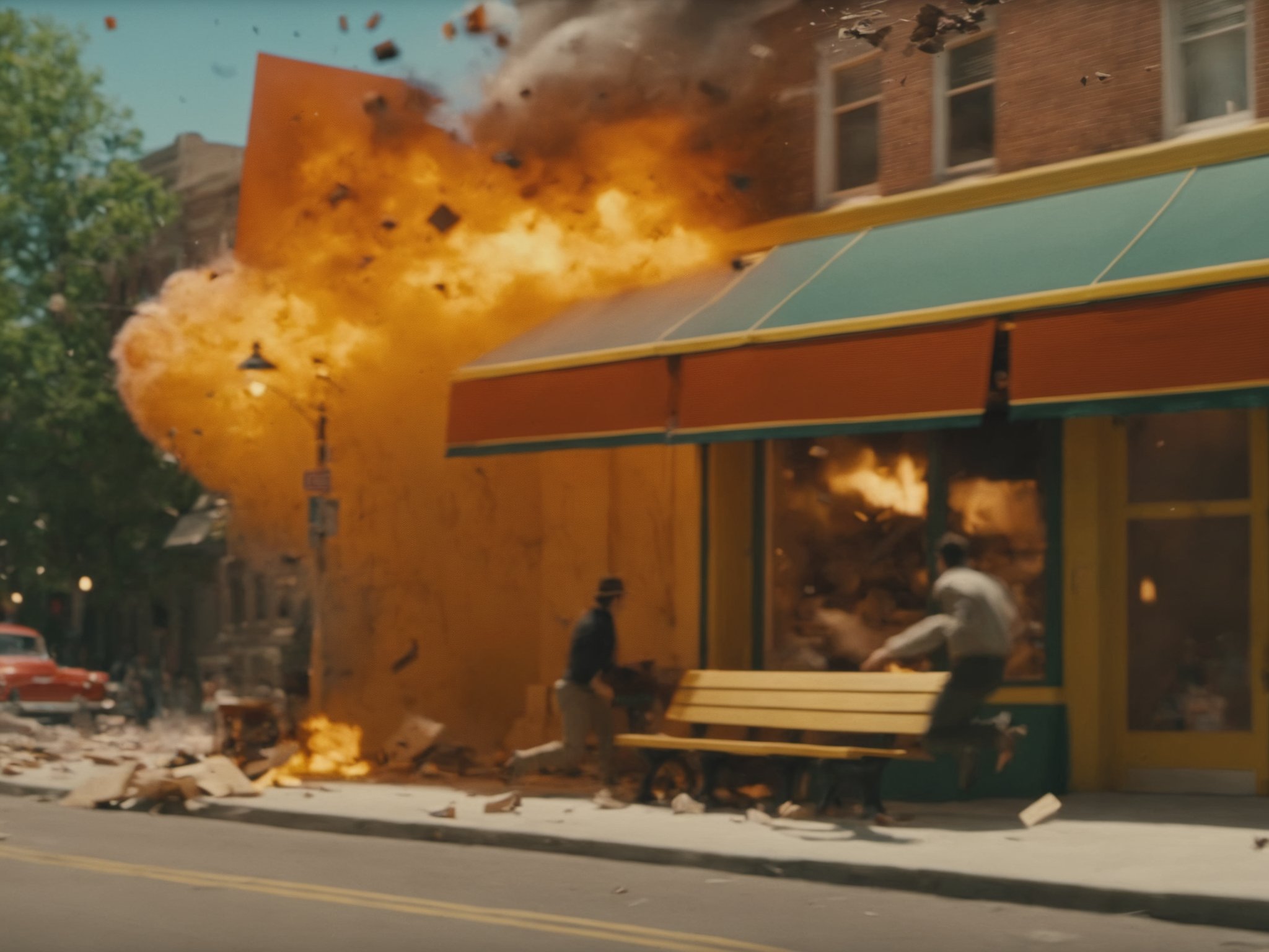 (m0vieexpl0sion), film still of a storefront, (small explosion:0.7), trees, benches, street, flying debris, people, best picture, best quality, UHD, oscar winner