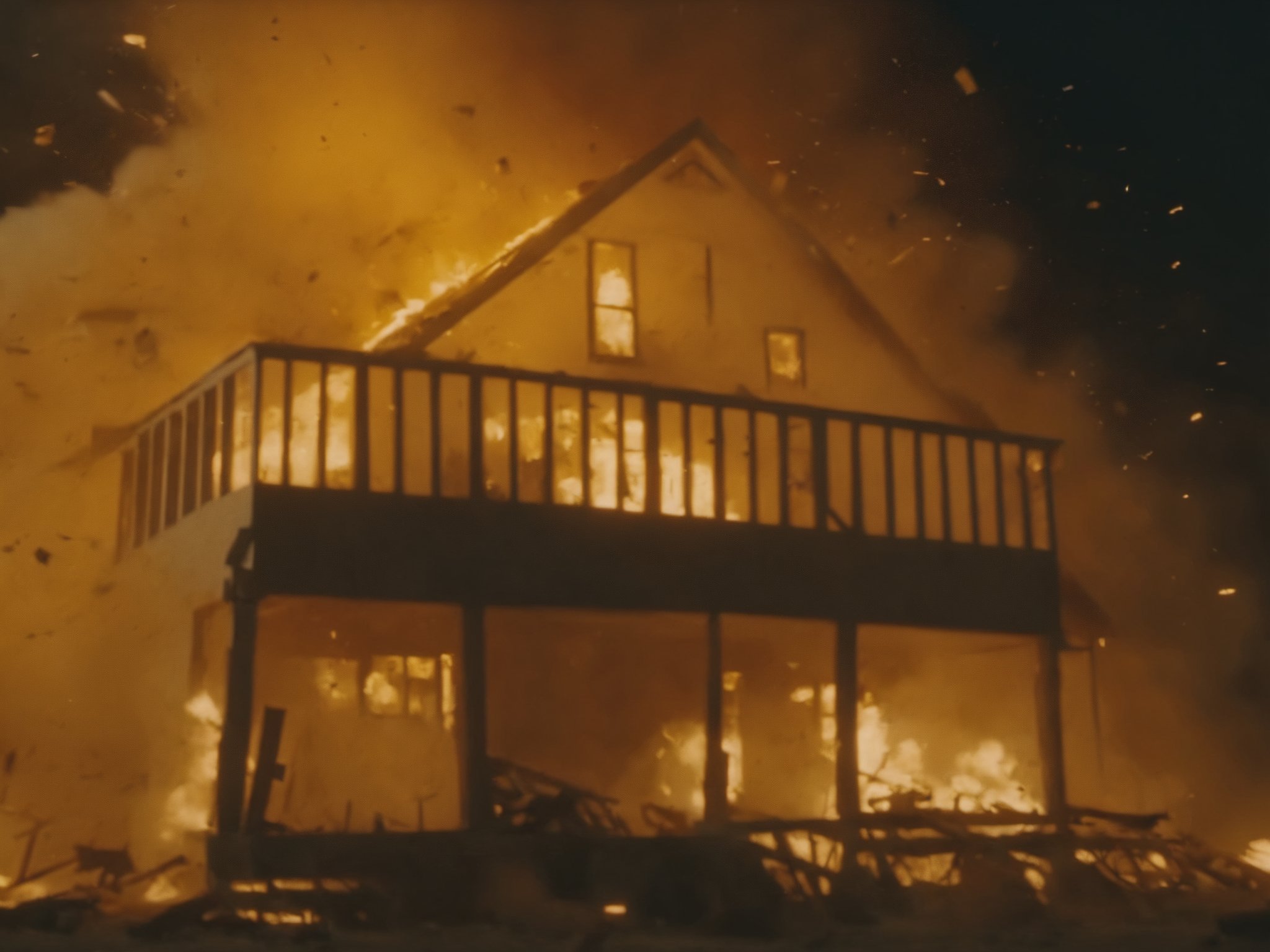 (m0vieexpl0sion), film still of a house, (small explosion:0.7), destroyed house, flying debris, best picture, best quality, UHD, oscar winner