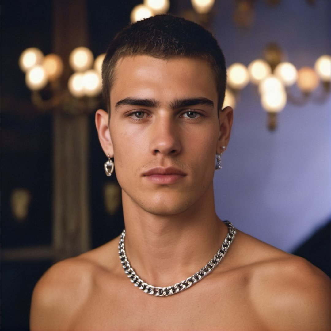 GQ, handsome italian teen man in a party, 2000s, thick eyebrows, defined jawline, crooked nose, mature, 19 years old, slender, punk, stubble, scruffy face, hot, black hair, buzzcut, youthful, boy band, Masterpiece, male model, photography, european, fashion editorial, menswear necklace, chain, peircing, Portrait, seductive pose, maison margiela, dsquared, tom ford

8k, cinematic lighting, very dramatic, very artistic, soft aesthetic, innocent, realistic, masterpiece, Camera settings to capture such a vibrant and detailed image would likely include Canon EOS 5D Mark IV, Lens 85mm f/1.8, f/4.0, ISO 100, 1/500 sec,hdsrmr, cinema verite, film still, ((perfect anatomy): 1.5), best resolution, maximum quality, UHD, life with detail, analog, cinematic moviemaker style