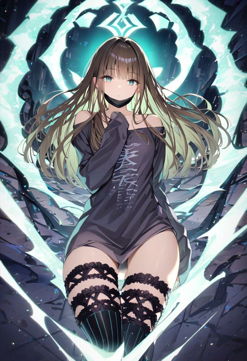 gretelalt, brown hair, long hair, teal eyes,thighhighs, bangs, mouth mask,  long sleeves, legband, stockings,looking at viewer,(lying on the ground), (at moonlight cityt:1.3), full body, depth of field, dynamic angle, dynamic light, best quality ,masterpiece, high resolution, detailed,