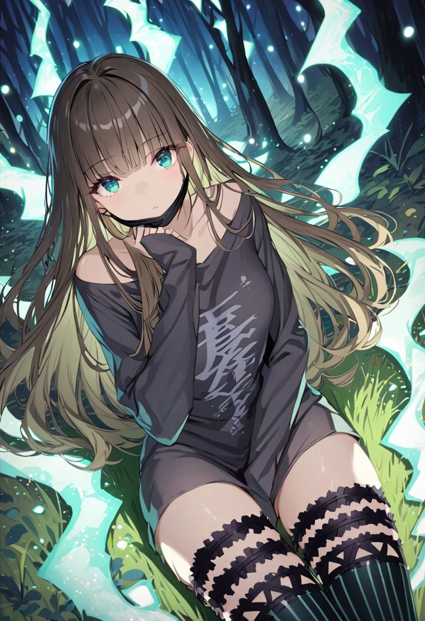 gretelalt, brown hair, long hair, teal eyes,thighhighs, bangs, mouth mask,  long sleeves, legband, stockings,looking at viewer,(lying on the ground), (at moonlight forest:1.3), full body, depth of field, dynamic angle, dynamic light, best quality ,masterpiece, high resolution, detailed,