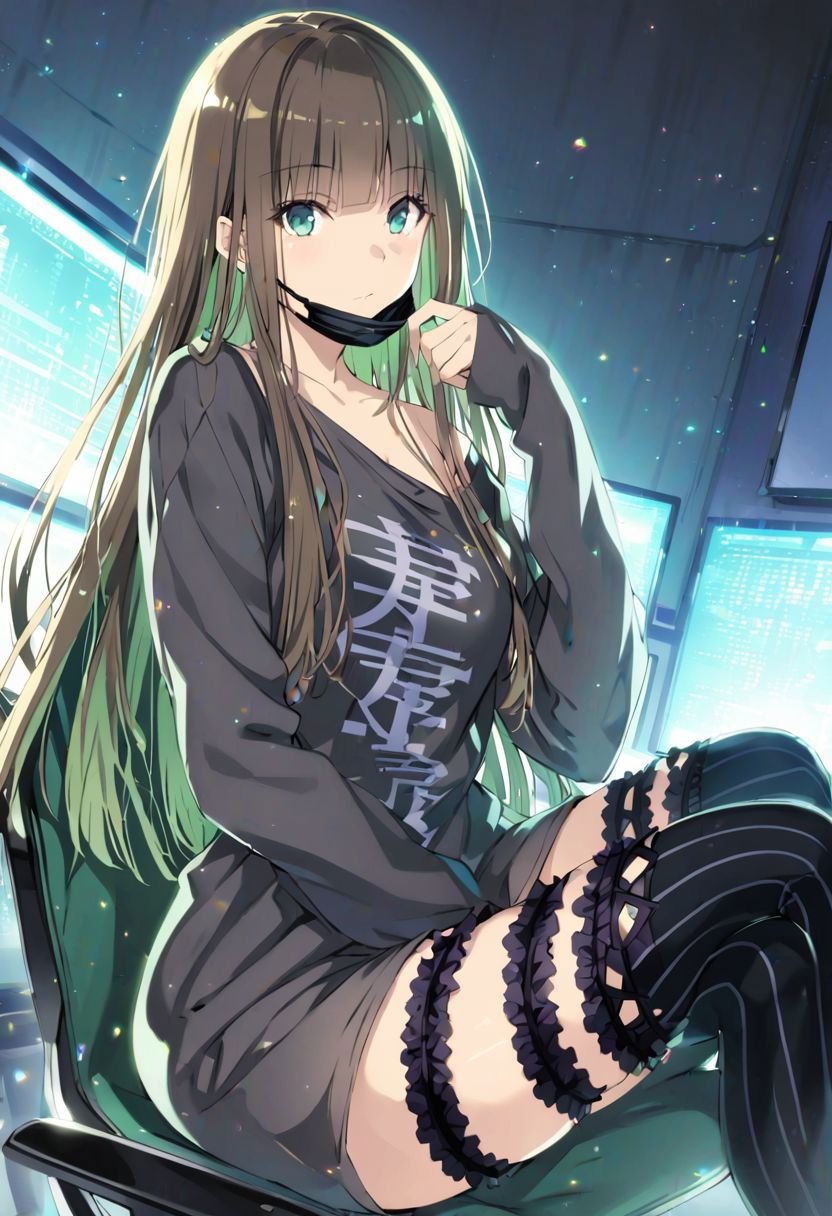 gretelalt, brown hair, long hair, teal eyes,thighhighs, bangs, mouth mask,  long sleeves, legband, stockings,looking at viewer,(sitting on a gamer chair:1.3), (at dark gamer bedroom:1.3), full body, depth of field, from below dynamic angle, dynamic light, best quality ,masterpiece, high resolution, detailed, (2000s anime art:1.2)