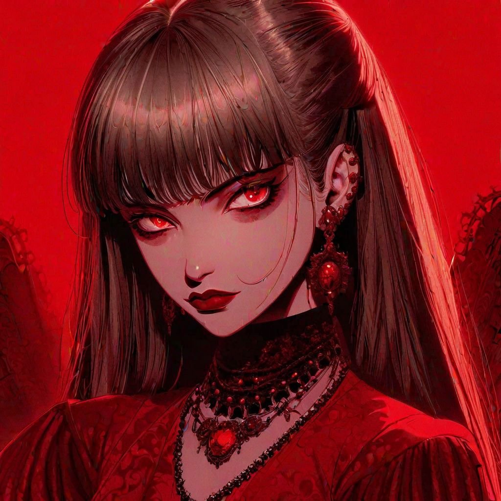 1girl, bangs, earrings, fangs, jewelry, long hair, red lips, red background, red eyes, red sky, red theme, solo