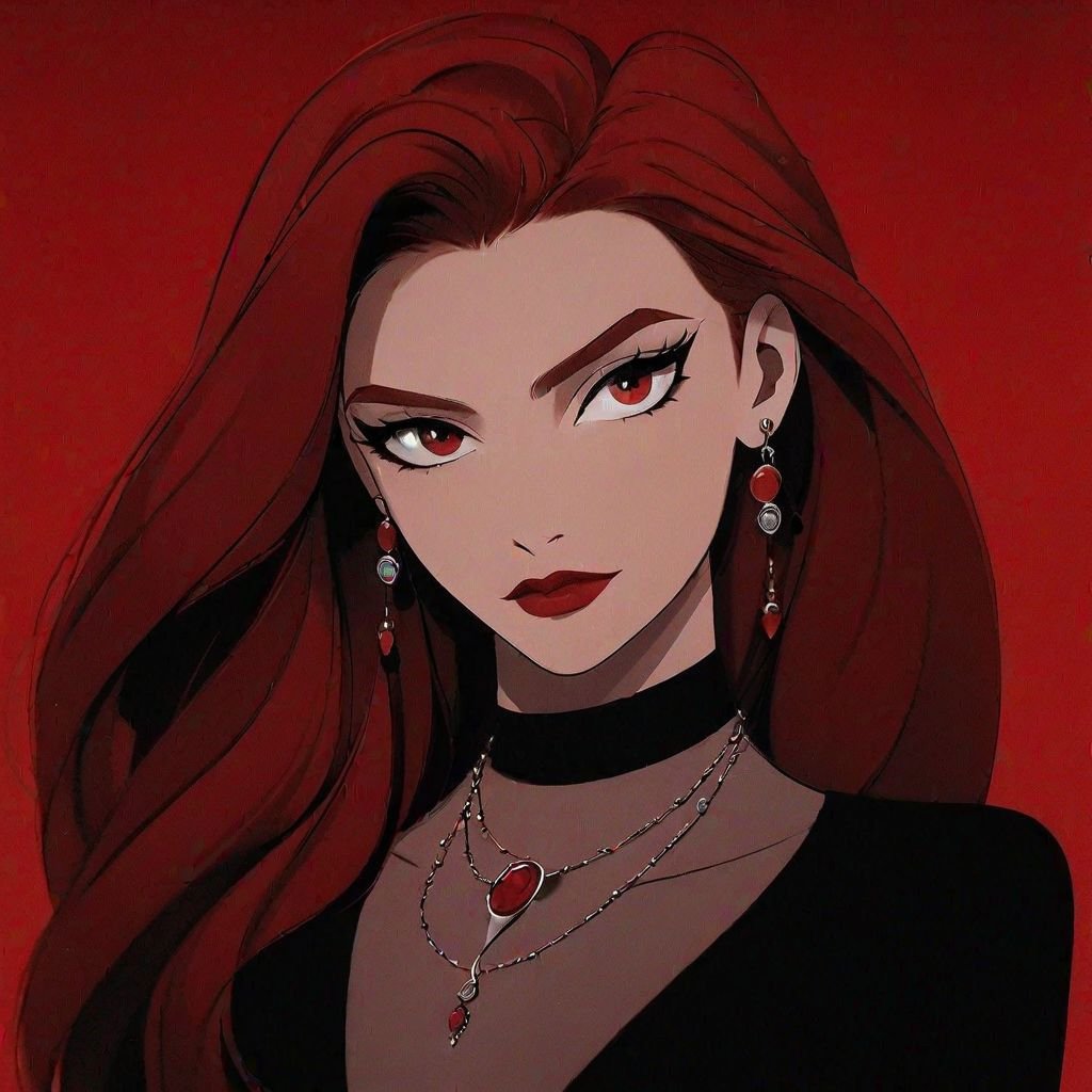 1girl, earrings, grey eyes, jewelry, long hair, looking at viewer, makeup, necklace, portrait, red background, red hair, red lips, solo