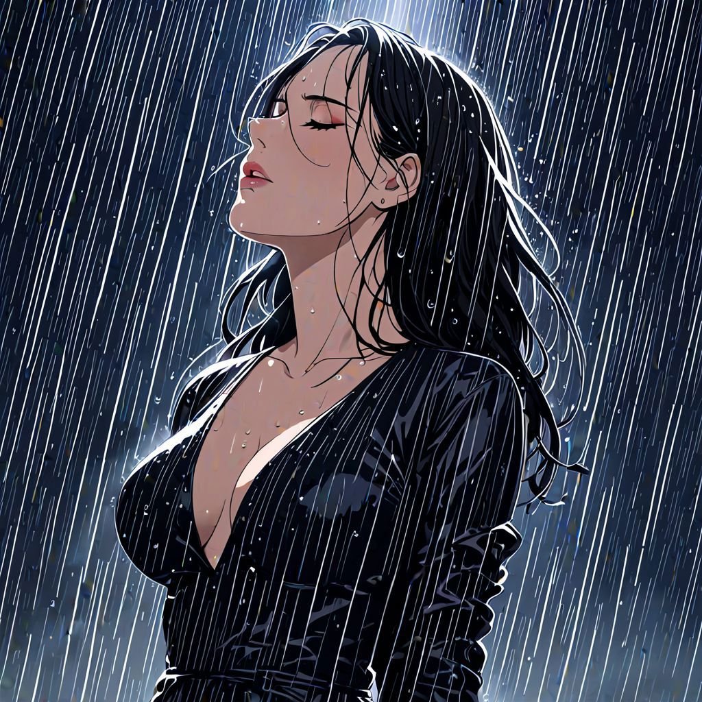 1girl, arm behind head, breasts, cleavage, cleavage cutout, closed eyes, clothing cutout, cloudy sky, dress, emphasis lines, long hair, makeup, medium breasts, mole, motion blur, motion lines, night, nose, outdoors, rain, shooting star, showering, signature, solo, speed lines, standing, storm, water drop, wet, wet clothes, wet dress, wet hair